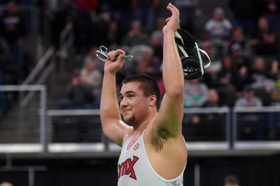 Brandon Valley’s Navarro Schunke wins his match against Watertown’s Micah Hach on Saturday, Feb. 24, 2024 at the Denny Sanford Premier Center in Sioux Falls. This match will be Navarro’s 5th individual state title.