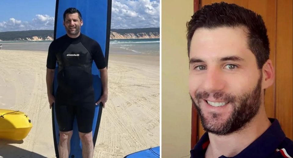 Images of Joel Cauchi. Left is him at the beach with a surfboard. Right is a selfie.