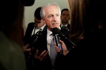 Senator Bob Corker (R-TN) speaks to reporters on Capitol Hill in Washington, U.S., October 24, 2017. REUTERS/Joshua Roberts