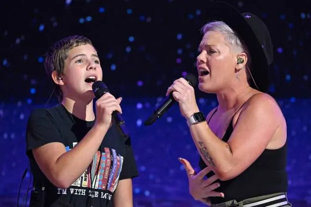  Pink and Willow perform during a sound check on the fourth and last day of the Democratic National Convention (DNC) at the United Center in Chicago, Illinois, on Aug. 22, 2024 - Credit: Saul Loeb/AFP via Getty Images