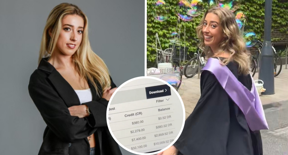 Alex at university and a screenshot of her HECS debt 