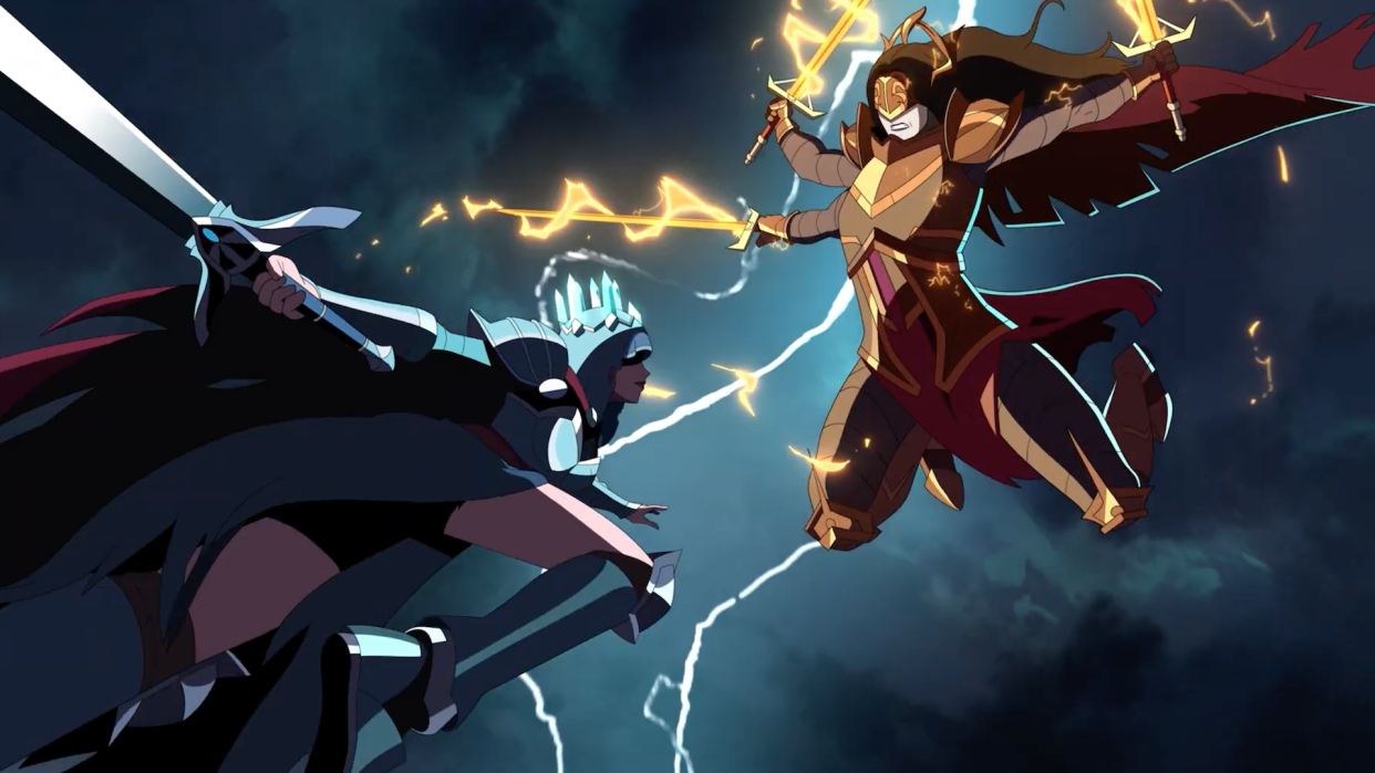  Two warriors battle in an animated trailer for Eden's Guardian. 