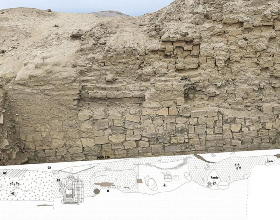 Archaeologists targeted their exploration to beneath a crumbled wall because they believed the bricks would have prevented grave robbing. © PUCP Archaeology Program “Valley of Pachacamac”, ed. K. Kowalewski