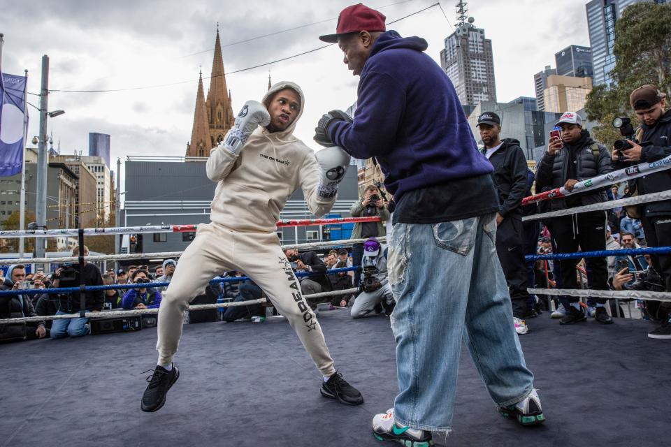 American boxer Devin Haney boxes during a public training session at Federation Square, Thursday in Melbourne, Australia. U.S.-based Australian boxer George Kambosos will put his WBA, IBF and WBO belts on the line when he faces Haney on Sunday.