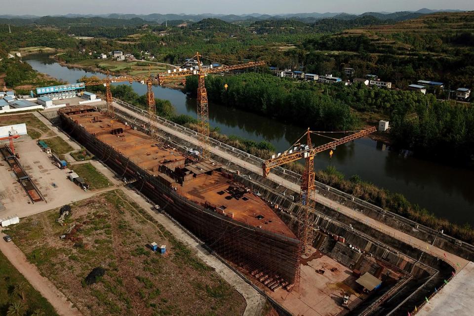 Aerial photo of a still-under-construction replica of the Titanic ship in Daying County in China's