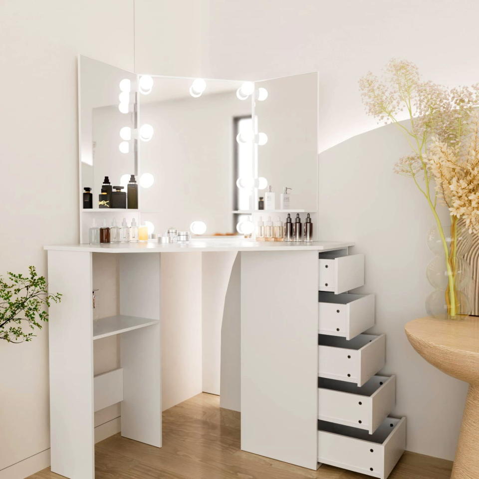 <p><a href="https://clicks.trx-hub.com/xid/hearstcorp_9eb67_clg?q=https%3A%2F%2Fwww.walmart.com%2Fip%2FLikein-Vanity-Desk-with-Mirror-and-Lights-Corner-Vanity-Set-with-5-Drawers-and-Shelves-Gifts-for-Women-Girls-White%2F1359200835&p=https%3A%2F%2Fwww.countryliving.com%2Fhome-design%2Fdecorating-ideas%2Fg44785354%2Fbest-makeup-vanity%2F&utmSource=yahoo-us&utmCampaign=55&utmMedium=syn" rel="nofollow noopener" target="_blank" data-ylk="slk:Shop Now;elm:context_link;itc:0;sec:content-canvas" class="link ">Shop Now</a></p><p>Vanity Desk </p><p>walmart.com</p><p>$186.97</p>