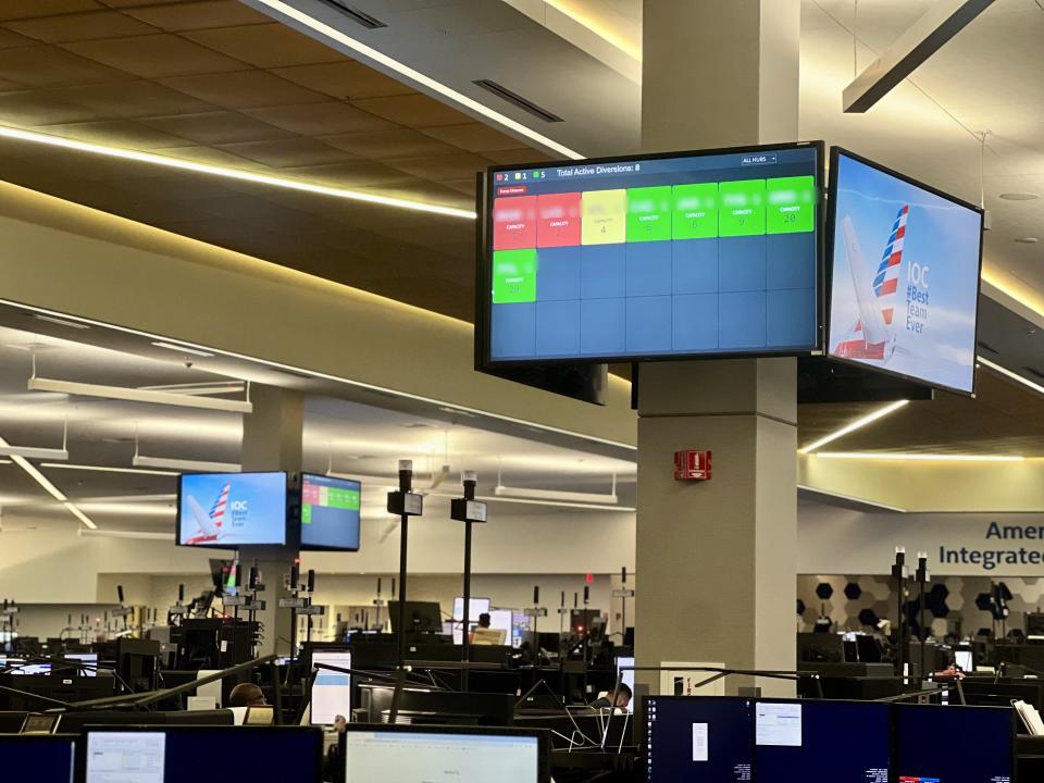 A giant television near the center of the IOC displays the diversion airports used at that time, with the colors indicating how close to capacity each is.