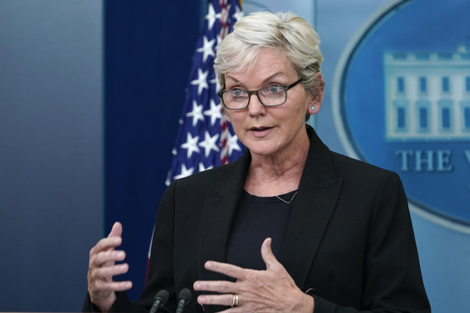 FILE - Energy Secretary Jennifer Granholm speaks during the daily briefing at the White House in Washington, June 22, 2022. The Biden administration hopes to develop floating platforms in the deep ocean for offshore wind towers that could power millions of homes and vastly expand offshore wind in the United States. (AP Photo/Susan Walsh, File)