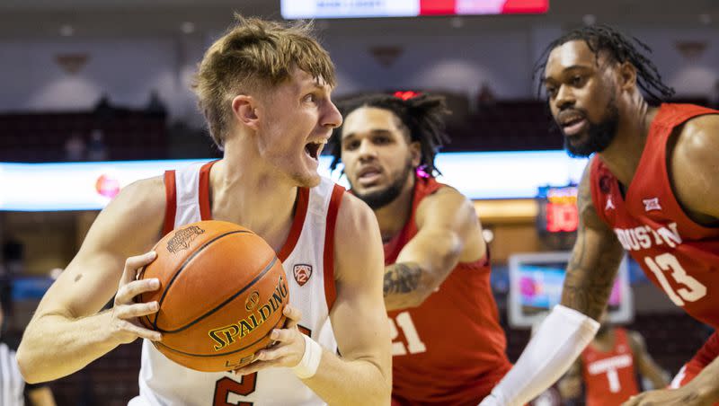 Utah newcomer Cole Bajema looks to pass during a game against Houston at the Charleston Classic in Charleston, S.C., Friday, Nov. 17, 2023.