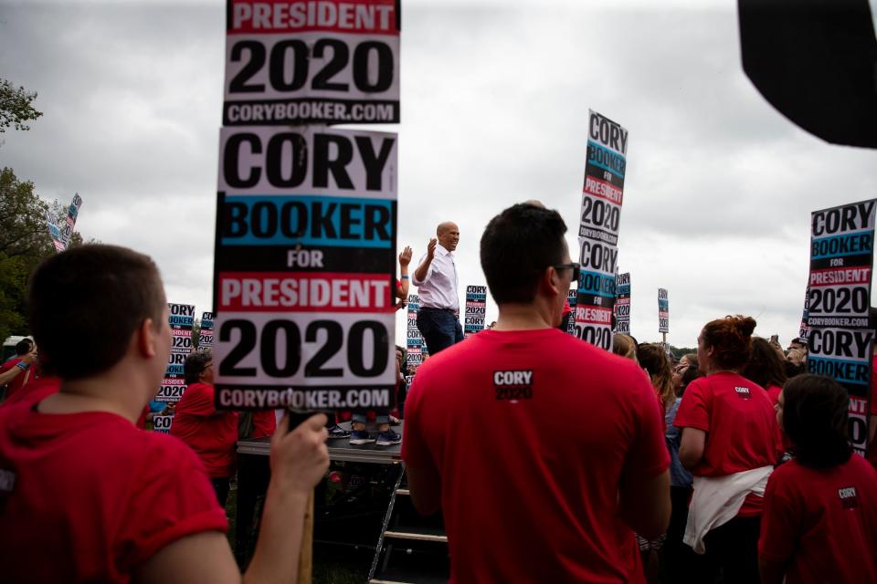 New Jersey Senator and 2020 Democratic presidential candidate Cory Booker speaks before the Polk County Democrats Steak Fry in Water Works Park on Saturday, Sept. 21, 2019 in Des Moines.