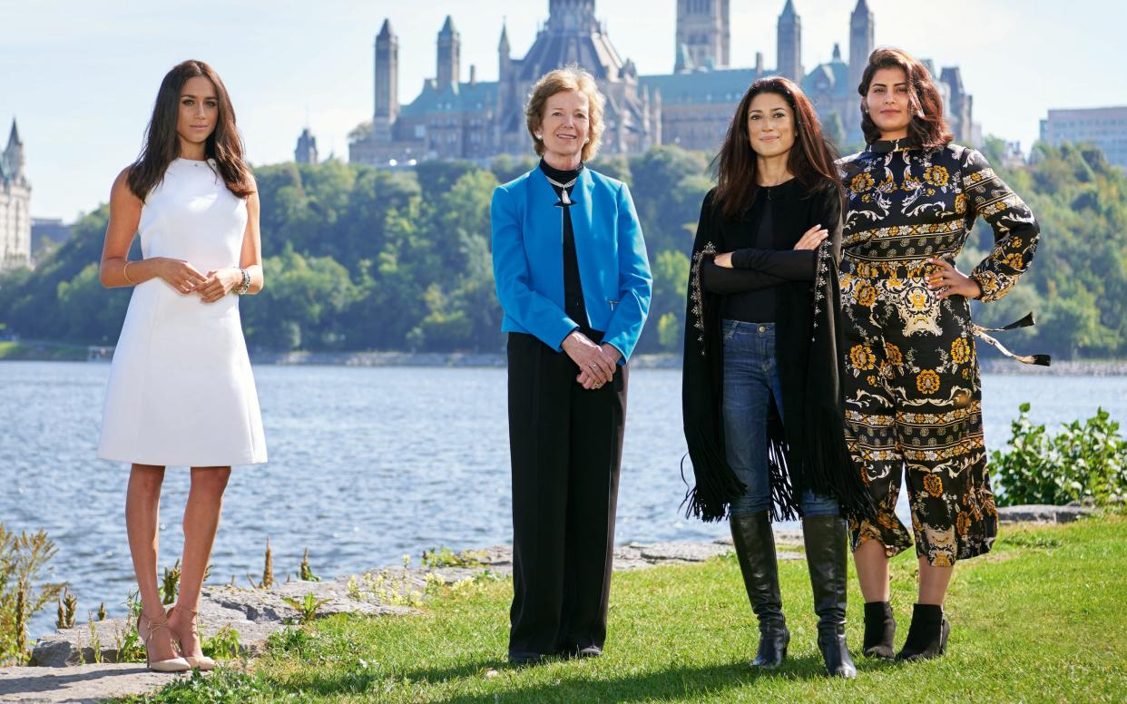 Meghan Markle appeared in the April issue of Vanity Fair along with Saudi activist Loujain al-Hathloul at the One Young World Summit in Ottawa in October 2016 - Jason Schmidt