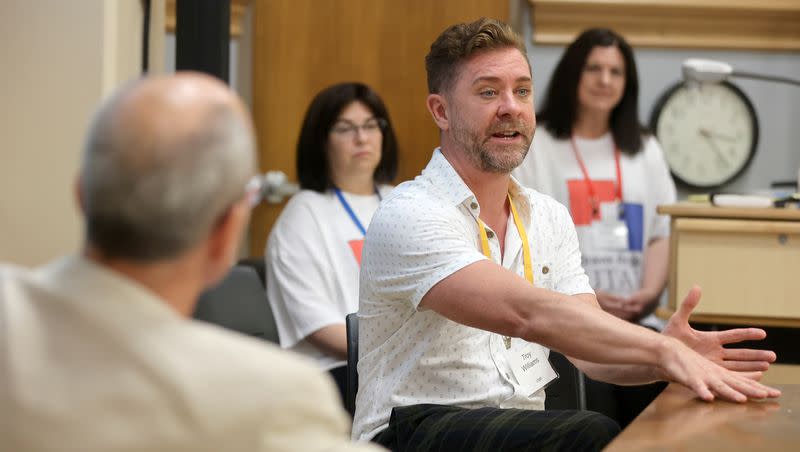 Troy Williams, Equality Utah executive director, talks about the “Utah Way” during a breakout session with Paul Edwards, executive director at BYU’s Wheatley Institute, at the Braver Angels National Convention at Gettysburg College in Gettysburg, Pa., on Friday, July 7, 2023.