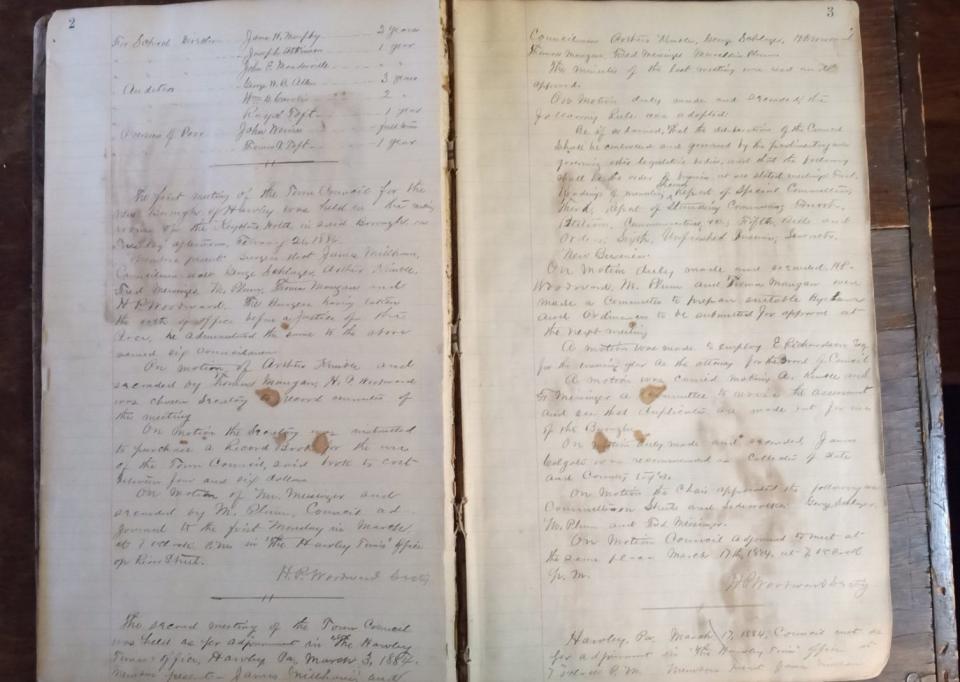 These are the second and third pages of minutes in the original Hawley Borough minutes book (1884-1897), which recently has come back to light.