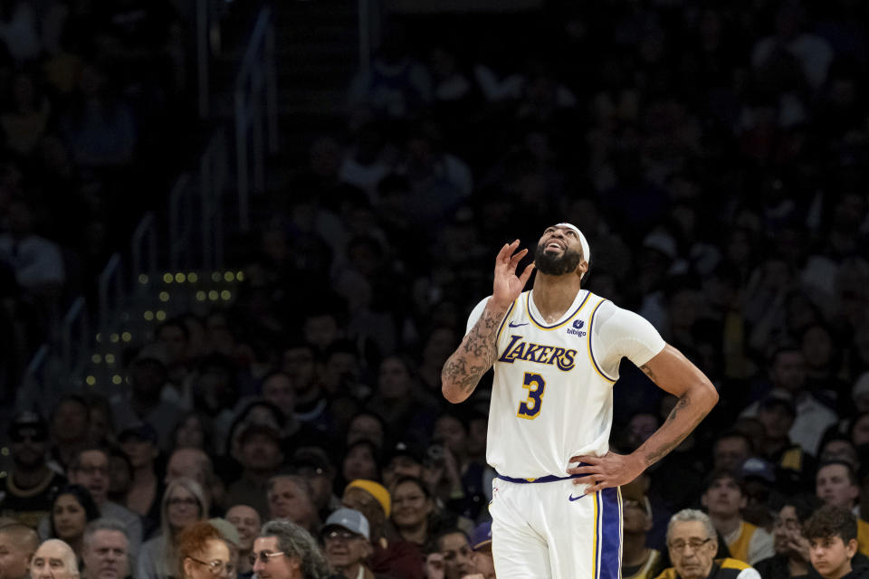 Los Angeles Lakers forward Anthony Davis (3) reacts after being called for a foul during the first half of an NBA basketball game against the Cleveland Cavaliers, Saturday, April 6, 2024, in Los Angeles. (AP Photo/William Liang)