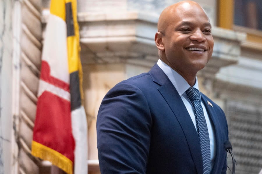 Maryland Gov. Wes Moore smiles during his State of the State address in Annapolis, Md., Wednesday, Feb. 7, 2024.