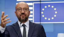 European Council President Charles Michel speaks during a media conference following an EU summit in video conference format at the European Council building in Brussels, Wednesday, Aug. 19, 2020. European Union leaders on Wednesday said they stand beside people in Belarus protesting for their democratic rights, underlining that the EU rejects the election results that swept President Alexander Lukashenko back into power and is preparing a list of several people that face sanctions over vote fraud and the crackdown that followed. (Olivier Hoslet, Pool Photo via AP)