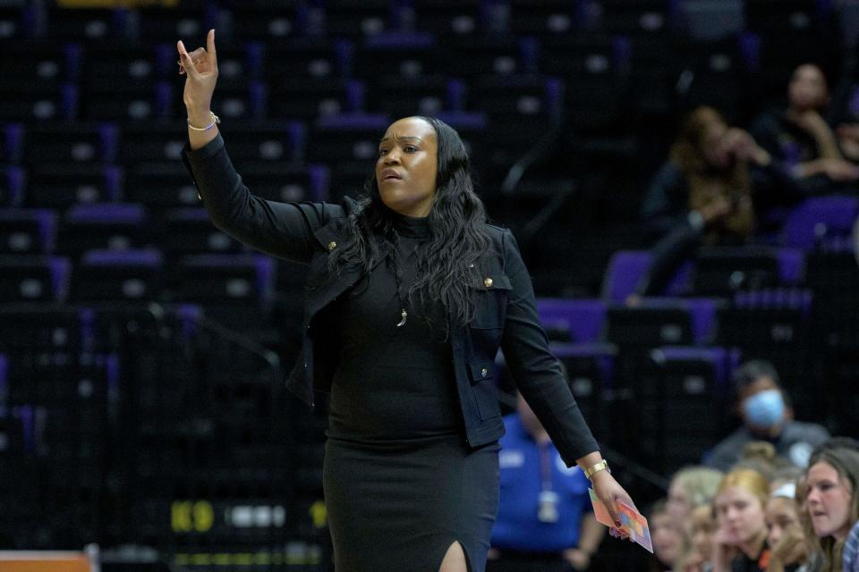 Missouri State coach Amaka Agugua-Hamilton signals during the first half of the team's First Four game against Florida State in the NCAA women's college basketball tournament Thursday, March 17, 2022, in Baton Rouge, La. (AP Photo/Matthew Hinton)