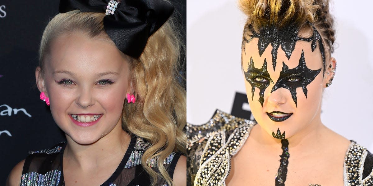 Jojo Siwa during "Dance Mom" days next to her at a 2024 iHeart Radio music awards with black face paint