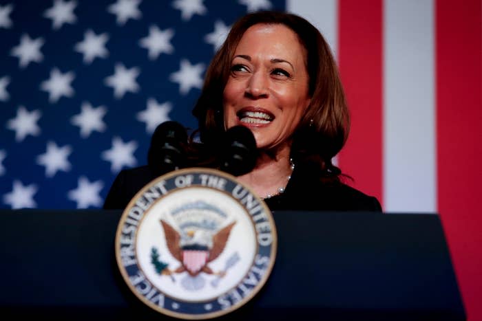 Kamala Harris speaks at a podium with the Vice President seal, with a backdrop of the U.S. flag in an article categorized as In the News