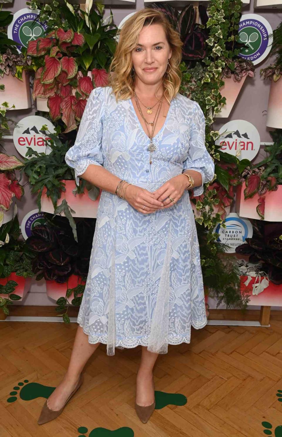 LONDON, ENGLAND - JULY 10: Kate Winslet attends the evian VIP Suite At Wimbledon 2022, Certified As Carbon Neutral By The Carbon Trust at The Championships at Wimbledon on July 10, 2022 in London, England. (Photo by David M. Benett/Dave Benett/Getty Images for evian)