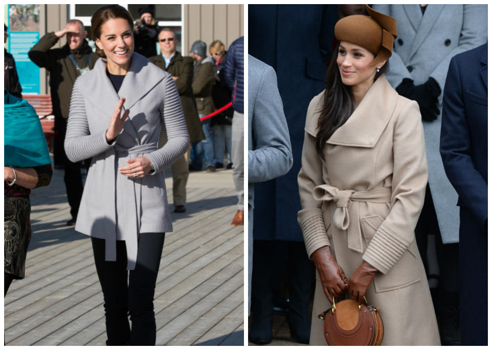 Duchess of Cambridge Kate Middleton donned a ribbed Sentaler coat during her royal visit North, while future-royal Meghan Markle wore a sister-design on Christmas Day.<em> (Images: Getty)</em>