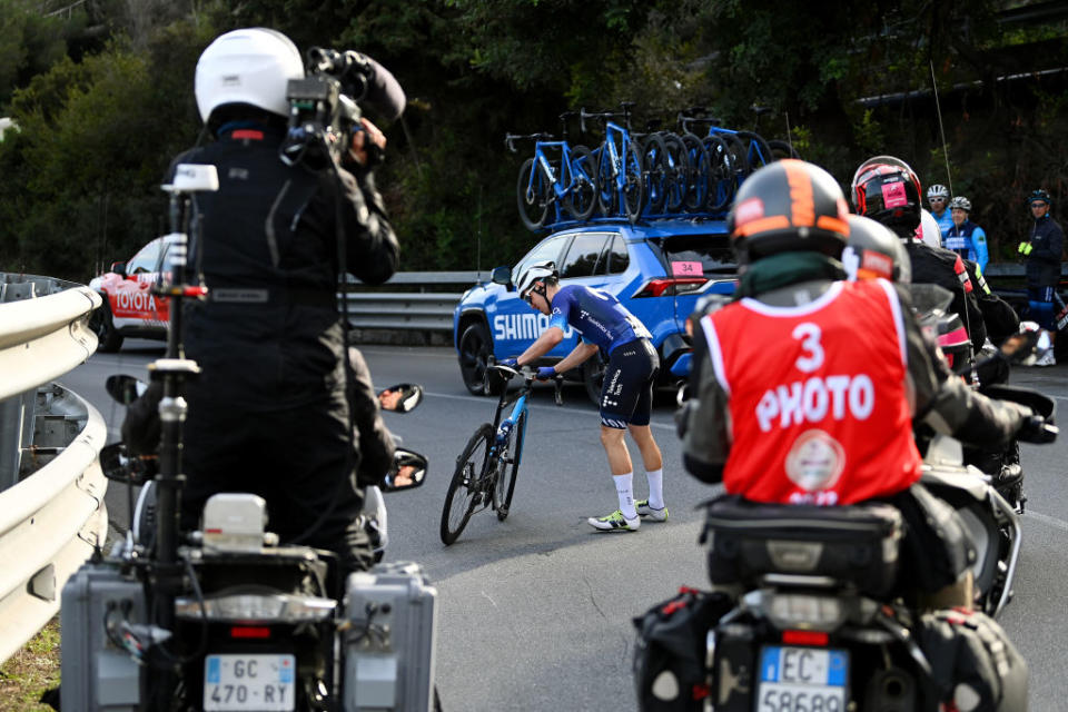SANREMO ITALY  MARCH 18 Alex Aranburu Deba of Spain and Movistar Team reacts after a crash during the 114th MilanoSanremo 2023 a 294km one day race from Abbiategrasso to Sanremo  MilanoSanremo  UCIWT  on March 18 2023 in Sanremo Italy Photo by Tim de WaeleGetty Images