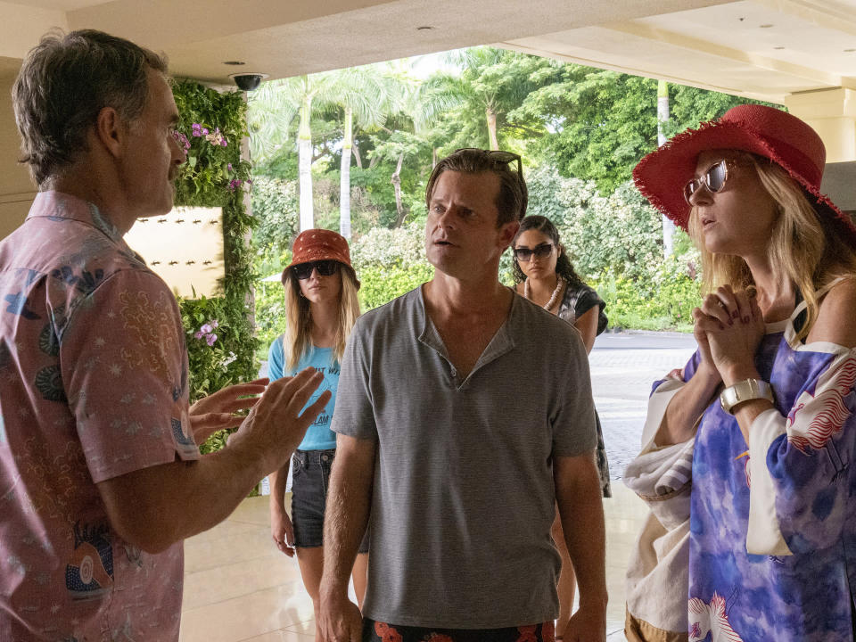 This image released by HBO Max shows Murray Bartlett, foreground from left, Steve Zahn and Connie Britton in a scene from "The White Lotus." The series garnered 20 Emmy nominations including one for best limited series. (HBO Max via AP)