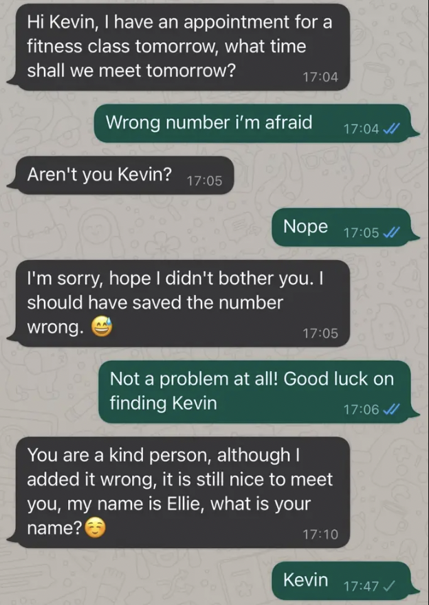 a scammer texting Kevin, the person texted saying they're not Kevin, and the scammer asking for their name, to which they respond, "Kevin"