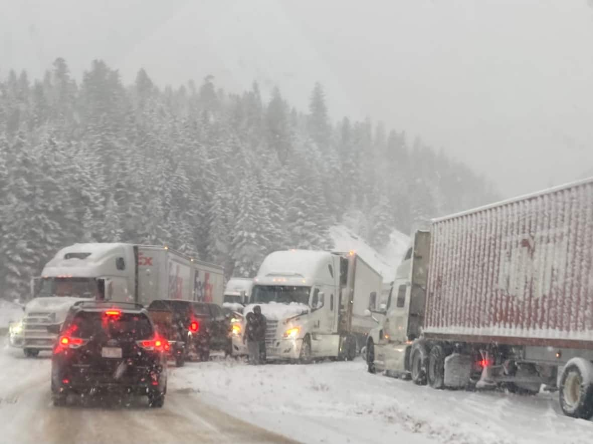 This picture was taken Sunday evening and shows a traffic pileup near Hector Gorge on Highway 93. (Submitted by Jason Cameron - image credit)