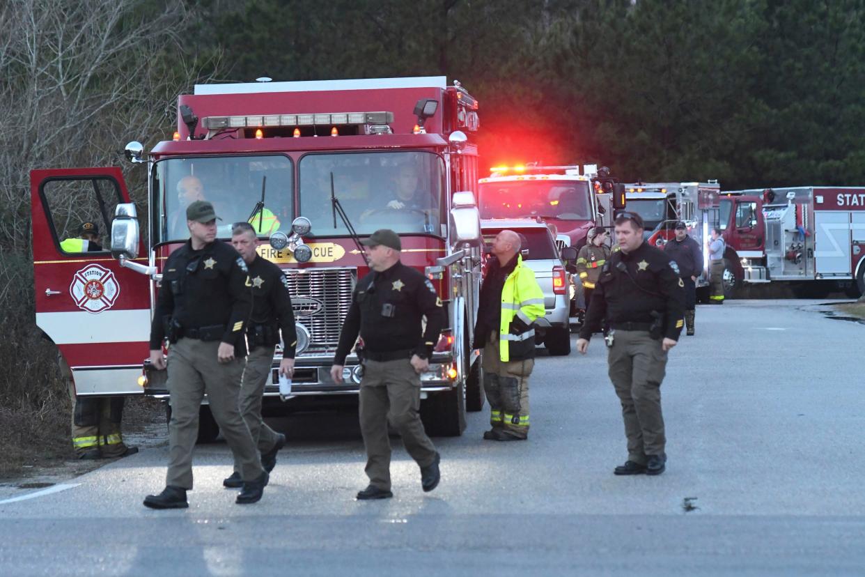 Emergency crews gather at a staging area near Sunset Beach, N.C. on Tuesday, Feb. 16, 2021.