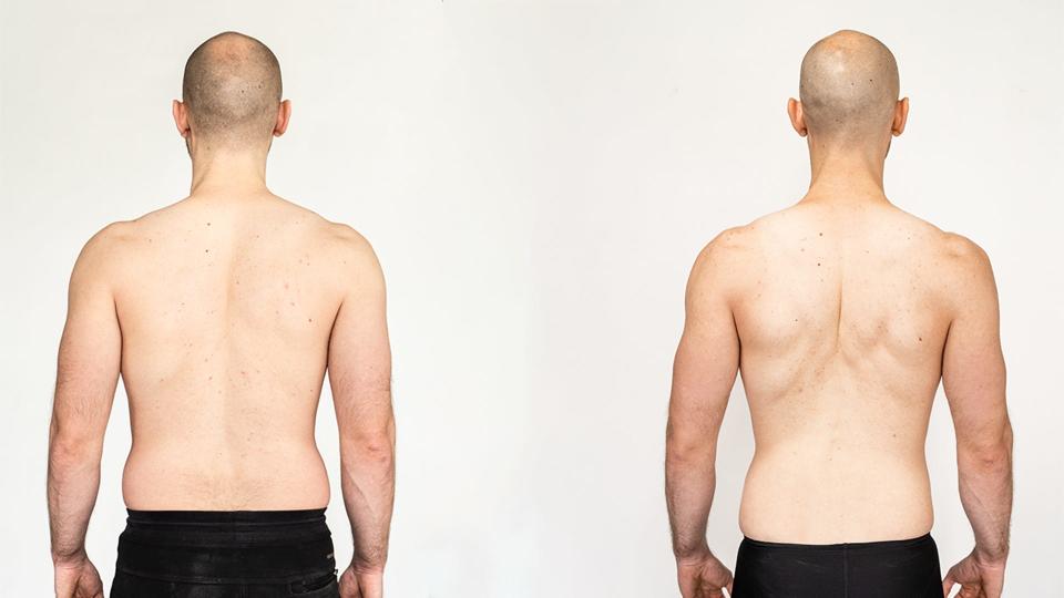 Brendan Jones viewed from the back, before and after he lost fat.