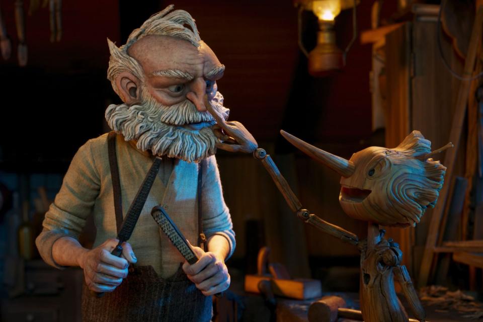 Guillermo del Toro's Pinocchio - (L-R) Gepetto (voiced by David Bradley) and Pinocchio (voiced by Gregory Mann). Cr: Netflix © 2022