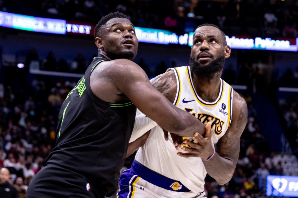 LeBron James (23) and the Los Angeles Lakers will face off against Zion Wiliamson, left, and the New Orleans Pelicans in the 2024 NBA play-in tournament.