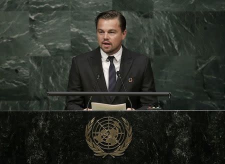 Actor Leonardo DiCaprio delivers his remarks during the Paris Agreement on climate change held at the United Nations Headquarters in Manhattan, New York, U.S., April 22, 2016. REUTERS/Mike Segar