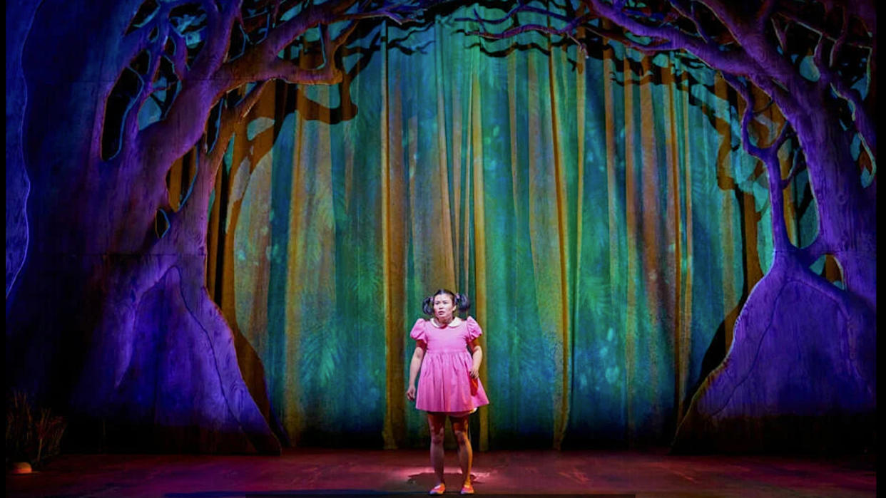  Mei (Mei Mac), wearing a pink dress, on stage in My Neighbour Totoro. 