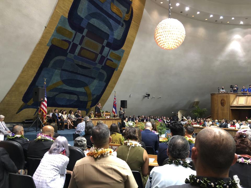 Senate President Ron Kouchi speaks to the Senate on the opening day of the Hawaii State Legislature's new session in Honolulu on Wednesday, Jan. 18, 2023. (AP Photo/Audrey McAvoy)