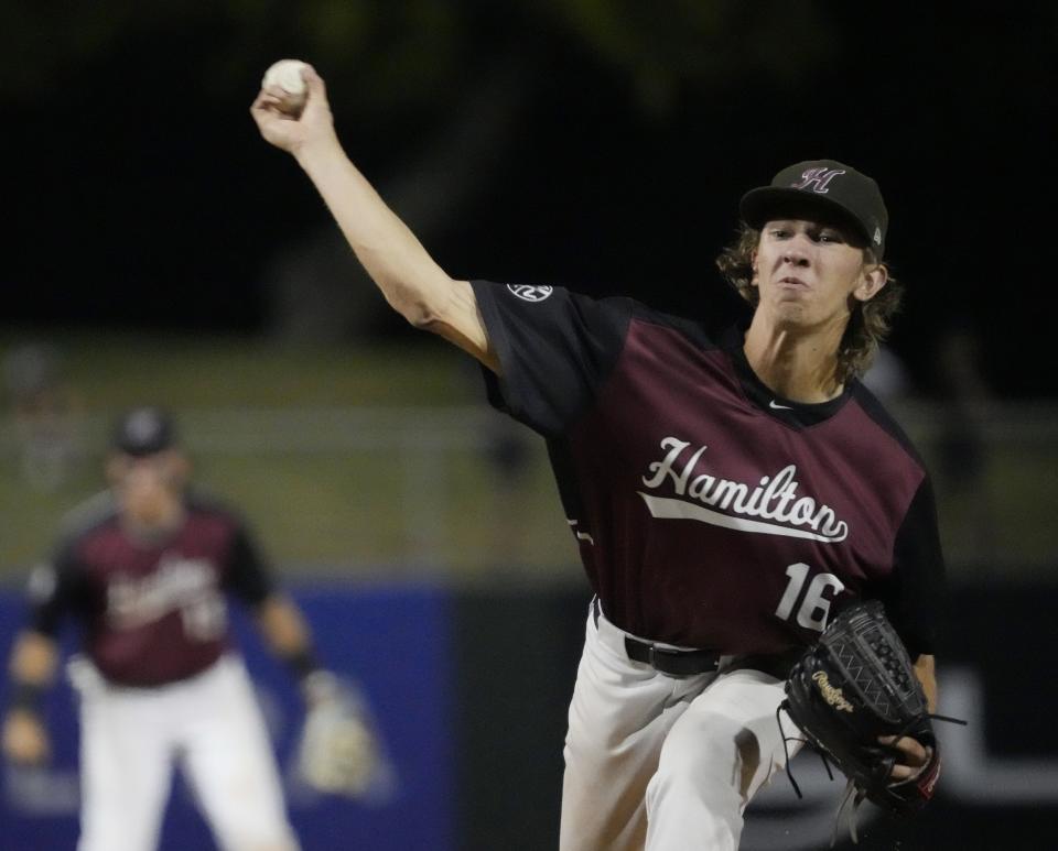 May 16, 2023; Tempe, Ariz., U.S.;  Hamilton's Rohan Lettow (16) throws against Queen Creek during the 6a baseball championship at Tempe Diablo Stadium.