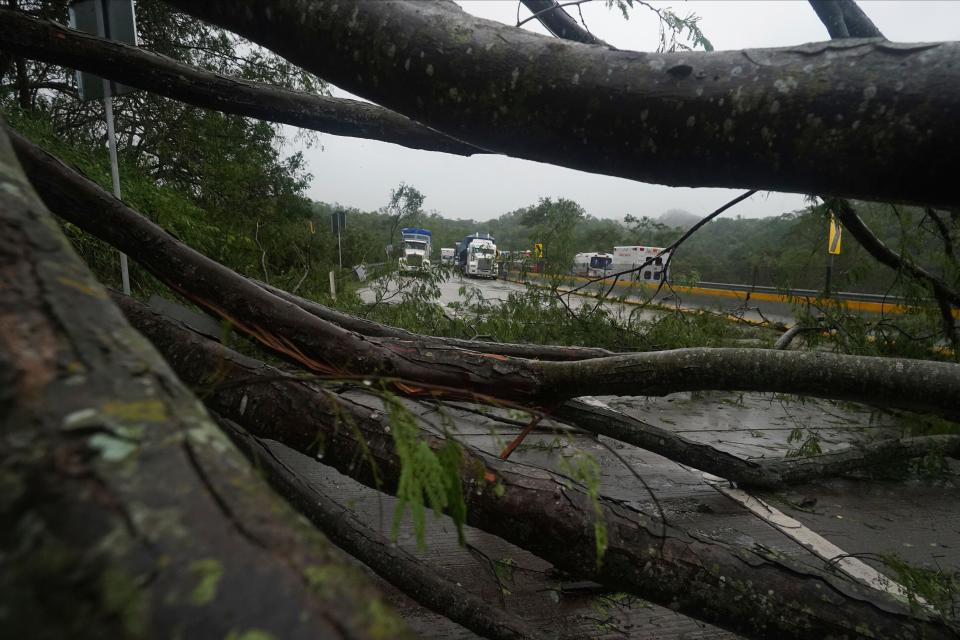 Trucks sit idle on a highway blocked by a landslide triggered by Hurricane Otis near Acapulco, Mexico, Wednesday, Oct. 25, 2023.