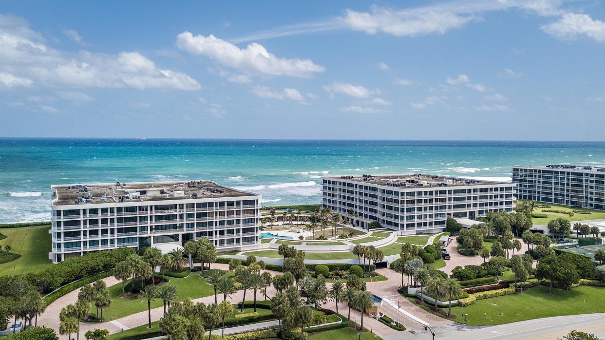 Oceanview unit 301-N is in the building at the far right, addressed as 2000 Sloans Curve in Palm Beach’s South End.