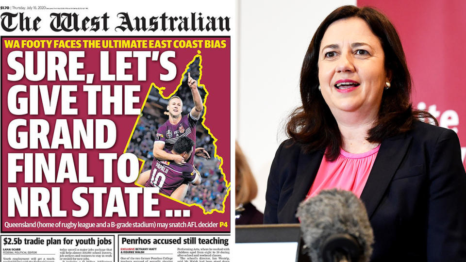 A 50-50 split image shows the West Australian's from page from July 16 on the left and Queensland premier Anastasia Palaszczuk on the right.