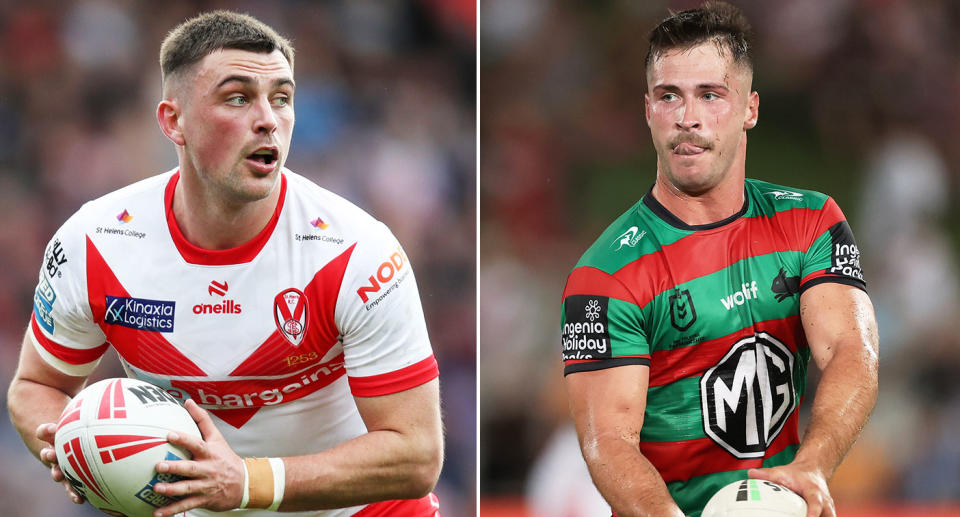 Pictured left to right is St Helens star Lewis Dodd and Souths halfback, Lachlan Ilias.