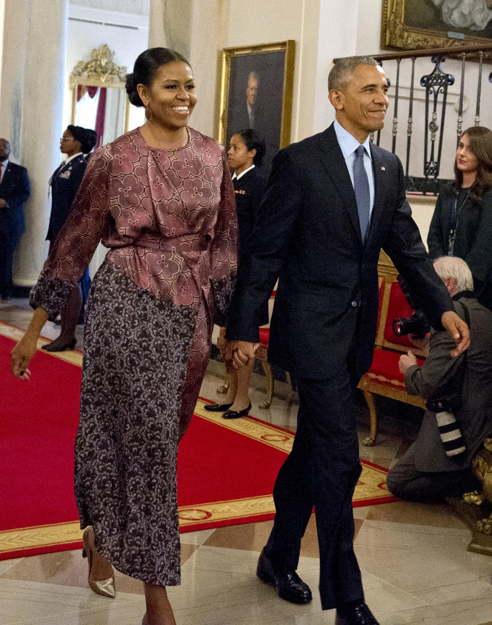 Michelle Obama in Dries Van Noten at the Presidential Medal of Freedom in the East Room of the White House in Washington, DC on November 22, 2016.  