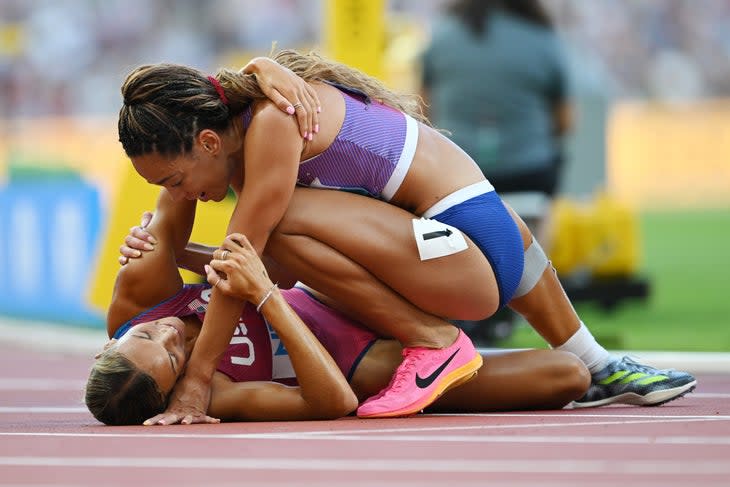 Anna Hall of Team United States and Katarina Johnson-Thompson of Team Great Britain