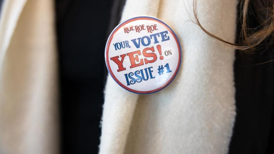 PHOTO: A woman wears a pro-choice button to a canvassing meeting ahed of the election in Columbus, Ohio on Nov. 5, 2023. (Megan Jelinger/AFP via Getty Images)