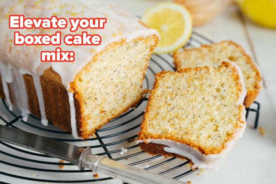 Glazed lemon pound cake loaf with poppy seed and lemon zest on a cooling rack with text "Elevate your boxed cake mix"