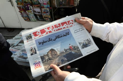 An Iranian holds a newspaper with a picture of the debris of the Ukrainian plane that crashed in Tehran on January 8, 2020, outside a news stand in the Islamic republic's capital