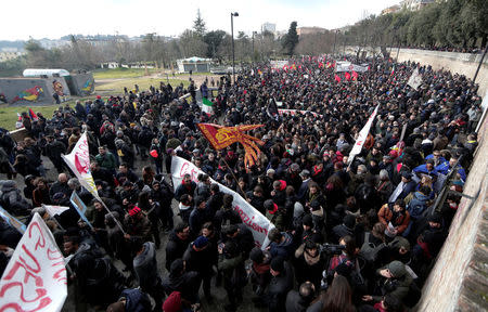 Demonstrators march during an anti-racism rally in Macerata, Italy, February 10, 2018. REUTERS/Yara Nardi