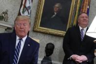 U.S. President Trump speaks during Oval Office meeting at the White House in Washington