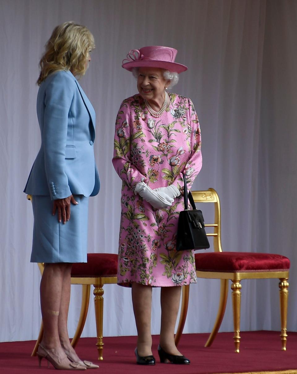 Queen Elizabeth II chats with Jill Biden at Windsor Castle on June 13, 2021.