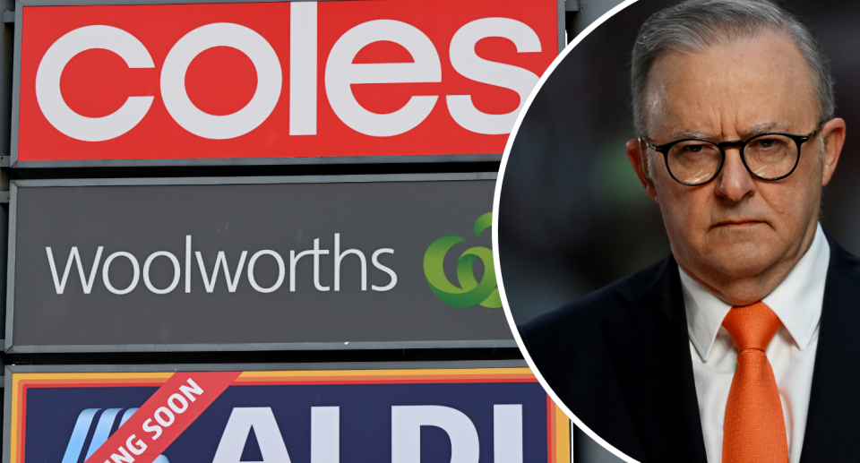 Coles Woolworths Aldi sign next to Anthony Albanese